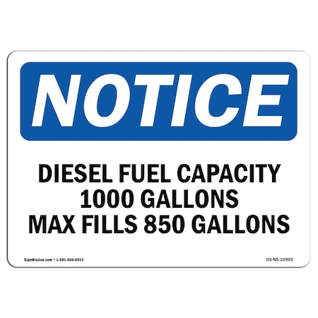 Signmission OSHA Sign, 10" H, 14" W, Rigid Plastic, Diesel Fuel Capacity 1000 Gallons Max Fill Sign, Landscape OS-NS-P-1014-L-10995